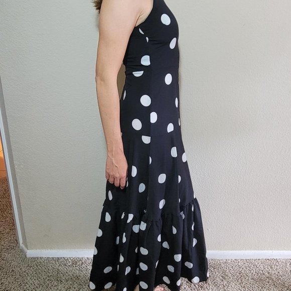 Maxi Dress Juniors Small Black White Polka Dot Long Spaghetti Strap Ruffle Women - Picture 2 of 5